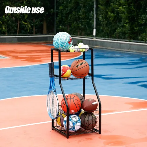 Vista 3 de YueTong Organizador de equipo deportivo para organización de garaje, almacenamiento de pelotas con soporte de baloncesto y estante para carrito