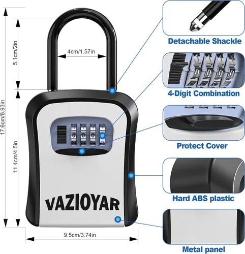 Vista 5 de Caja de Seguridad para Llaves para Exterior, Portátil Impermeable Montada en la Pared Combinación Cambiable de 4 Dígitos Caja de Seguridad