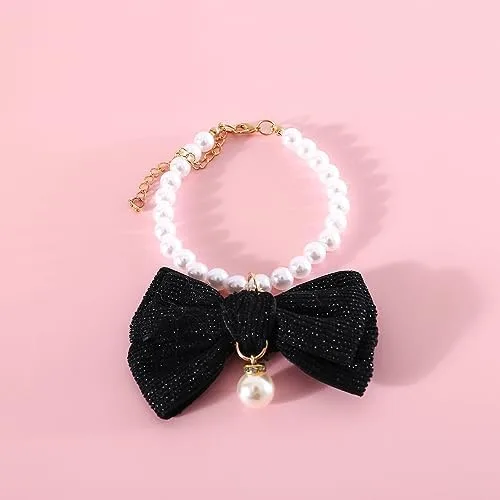 Vista 5 de Paquete de 3 collares de perlas para perro, joyas de perlas elegantes con lazos grandes, lindo collar de boda, accesorios de disfraz para perros
