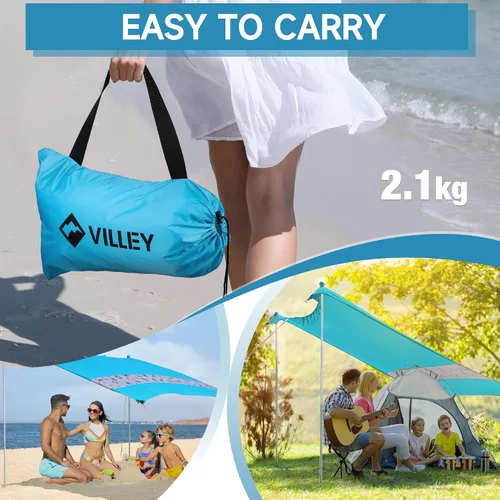 Vista 6 de Villey Tienda de campaña de playa con protección UPF50+, parasol portátil de 8 x 7 pies con 2 postes de estabilidad, 8 clavijas de tierra, 4 sacos