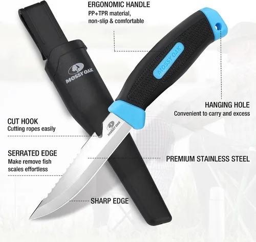 Vista 3 de Mossy Oak Cuchillo de pesca y cebo, filete de pescado de 4 pulgadas con funda protectora, hoja de acero inoxidable 5Cr15MoV afilada, mango