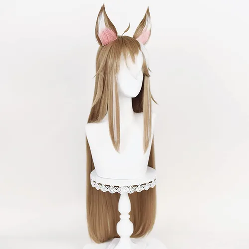 Vista 2 de SL - Peluca marrón con orejas para cosplay, disfraz de anime marrón mezclado con blanco, linda, larga y recta, pelucas de pelo de elfo + gorra