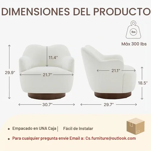 Vista 2 de Silla giratoria decorativa, silla tapizada de barril con diseño de respaldo de camello curvas, moderna silla con brazo con base de madera para sala