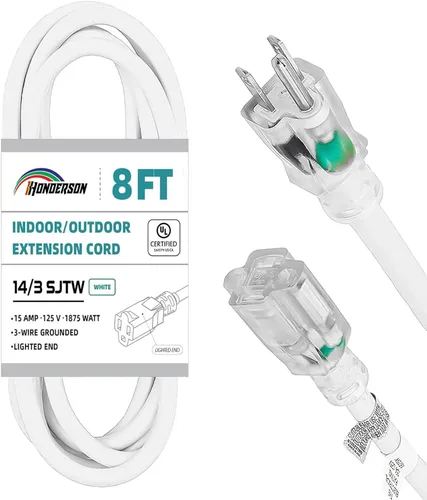 Vista 10 de Cable de extensión resistente a la intemperie con extremo iluminado, certificado UL, calibre 10, 3 pies, color blanco, 3 clavijas, resistente, cable