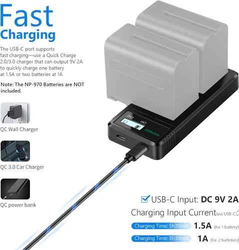 Vista 5 de Neewer Cargador USB dual compatible con batería de cámara Sony NP-F970 NP-F960 NP-F950 NP-F930 NP-F770 NP-F750 NP-F570 NP-F550, cargador de batería
