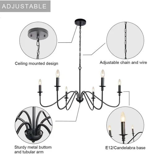 Vista 6 de Candelabro de hierro con 6 luces, color negro, estilo granja, clásico, para cocina, isla, comedor, sala de estar, vestíbulo, granero