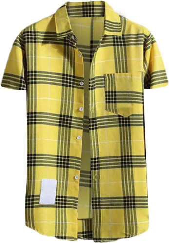 Vista 15 de Camisas de manga corta con botones para hombre, de algodón, a cuadros, ajuste regular, camisas casuales con botones y bolsillo