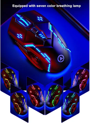 Vista 4 de Ratón para juegos con cable, 4 DPI ajustables hasta 3600, 6 botones programables, mouse ergonómico para computadora portátil gamer, PC USB óptico