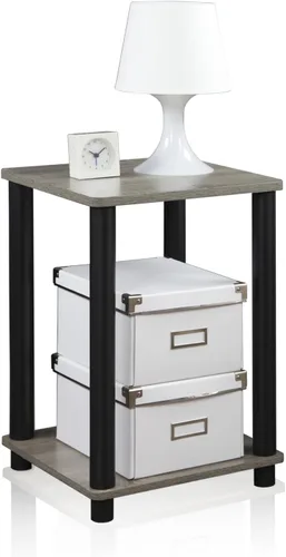 Vista 11 de Furinno Claude Mesa Auxiliar, Mesa Lateral de Mediados de Siglo con Estación de Carga, Mesita de Noche con Patas de Madera, Mesa de Cabecera