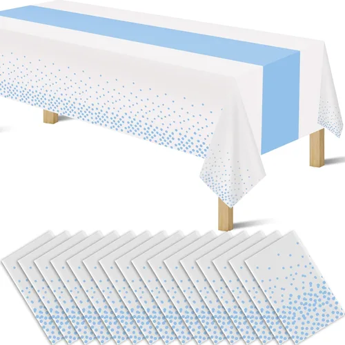 Vista 18 de Manteles de plástico desechables 2 en 1 de 54 x 108 pulgadas, mantel rectangular de cocina con lunares negros y azules, para boda, cumpleaños, baby