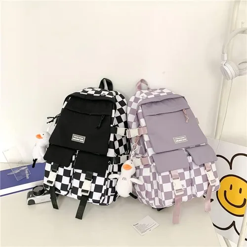Vista 3 de Mochila kawaii mochila escolar estudiante mochila de gran capacidad a cuadros en blanco y negro mochila campus linda para niñas, Púrpura, Classic