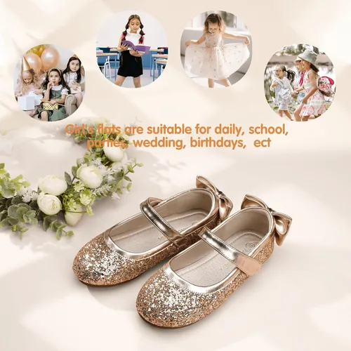Vista 5 de PANDANINJIA Zapatos planos de ballet Mary Jane para niña pequeña, con lazo y flores, para boda, fiesta, bailarina