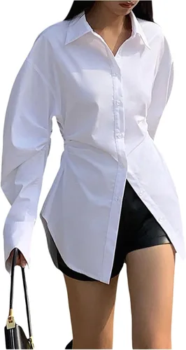 Vista 6 de WDIRARA Blusa de manga larga con botones para mujer, ajustada, con cuello, casual, para el trabajo