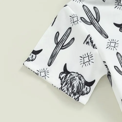Vista 5 de Conjunto de ropa de verano para bebé, con estampado de vaca, con botones, pantalones cortos de mezclilla, traje de vaquero occidental