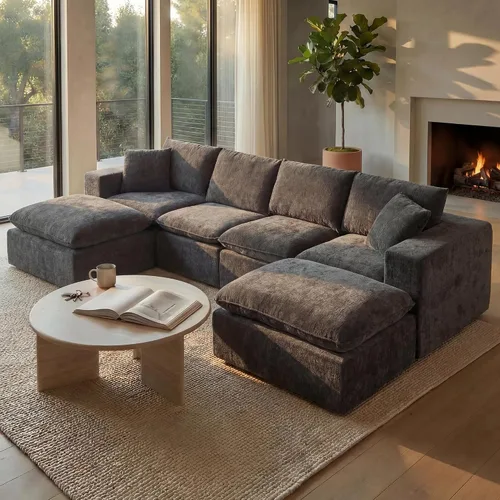 Vista 9 de Sofá nube modular en forma de L de 110 pulgadas con otomana móvil, cómodo sofá de 4 asientos de chenilla sin hueso con asiento profundo para sala