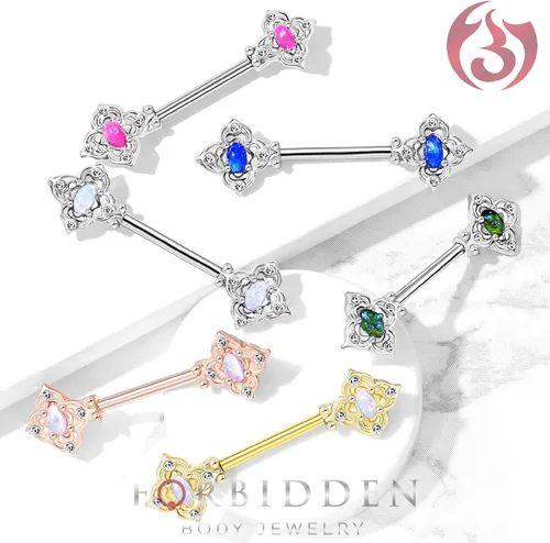 Vista 3 de Forbidden Body Jewelry Par de pesas de acero quirúrgico de 916 pulgadas (0.551 in) Posh Floral Sintético Opal Center Pezón Barbells
