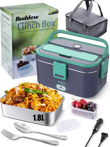 Vista 11 de Buddew Lonchera eléctrica para adultos, lonchera térmica de 80 W, calentador de alimentos portátil de acero inoxidable de 1.8 L, 12/24/110 V