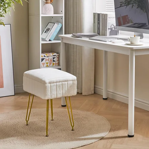 Vista 2 de IBUYKE Silla Taburete con Espacio de Almacenamiento, Reposapiés Taburete Otomano, Mesa Auxiliar Pequeña, con 4 Patas de Metal, con Pies Blanco