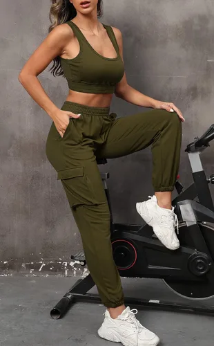 Vista 6 de FUPHINE Women's Two Piece Outfit Sleeveless Crop Tops with Cargo Pants Active Tracksuit Lounge Wear