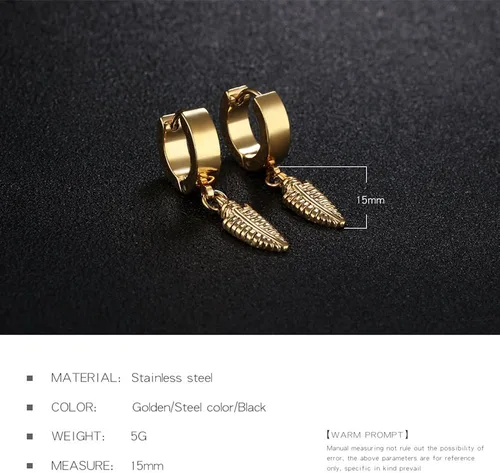 Vista 3 de Pendientes colgantes de acero inoxidable con diseño de hojas de oro y plata y negro