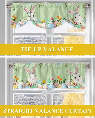 Vista 6 de Cenefa de primavera con amarre para ventanas de cocina, cenefas de cortina con lindos huevos coloridos de conejo, 42 x 12 pulgadas, 1 panel