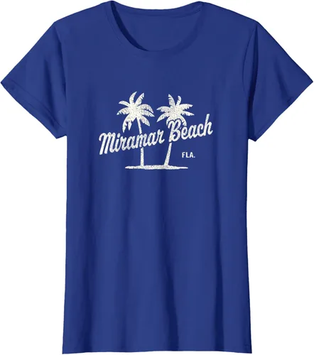 Vista 49 de Miramar Beach Florida Vintage 70s Palm Trees - Camiseta gráfica, Azul / Patchwork, S