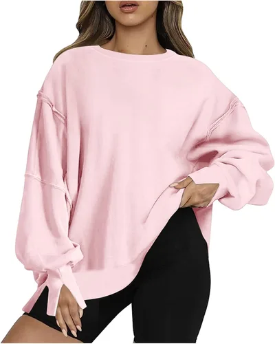 Vista 5 de Ceboyel Sudadera de gran tamaño para mujer 2023, color sólido, cuello redondo, suéter con abertura lateral, cómodo ropa de moda de otoño
