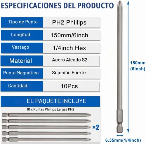 Vista 2 de Wolfride Juego de brocas Phillips magnéticas largas PH2 de 1/4 pulgadas, vástago hexagonal Phillips, juego de brocas de cabeza cruzada, 5.9 pulgadas