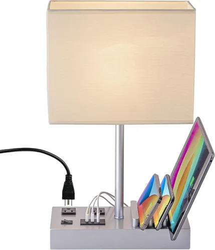 Vista 10 de Briever Lámpara de mesa USB, lámpara multifuncional de mesita de noche con 2 salidas de CA, 3 puertos de carga USB y organizador de soporte