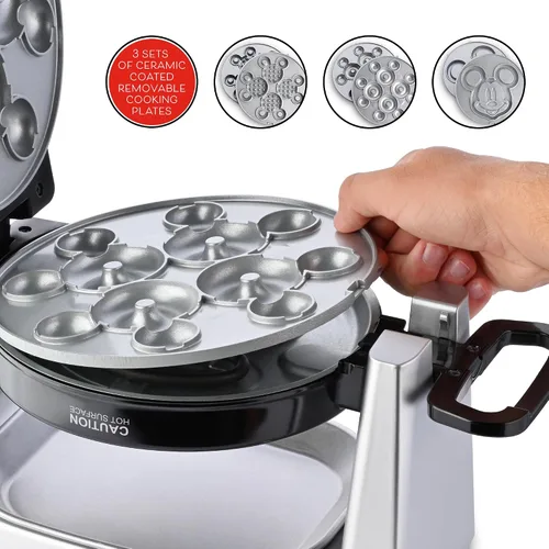 Vista 6 de Mickey Mouse Waffle and Donut Maker con 3 juegos de platos de cerámica antiadherentes extraíbles