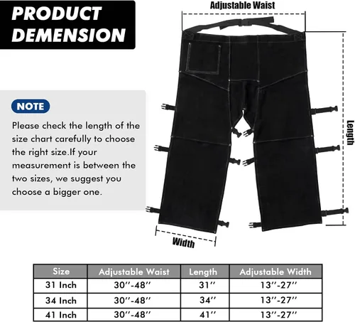 Vista 2 de Pantalones de soldadura de cuero, resistentes al calor y al fuego, protección de piernas de cuero dividido para hombres y mujeres, ajustables de M a