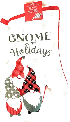 Vista 5 de Greenbrier Gnomos internacionales para las fiestas. Juego de cocina de Navidad de 5 piezas. 2 toallas de cocina, 2 soportes para ollas y 1 guante
