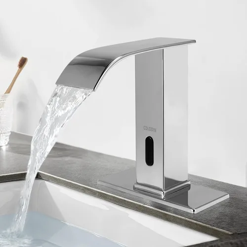 Vista 9 de Grifo de baño sin contacto, llave de cascada con sensor automático, lavabo moderno de acero inoxidable mate negro, llave de lavabo con sensor
