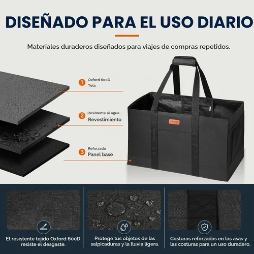 Vista 5 de Bolsa tote grande de WONDAY, bolsa de alimentos plegable y reutilizable, bolsa tote con asas, bolsa de la compra para alimentos, almacenamiento Negro