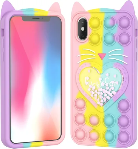 Vista 15 de Pop Case para iPhone 12/12 Pro, Funda de silicona con burbujas de gato negro afortunado de dibujos animados, brillo, estrellas, burbujas de arena