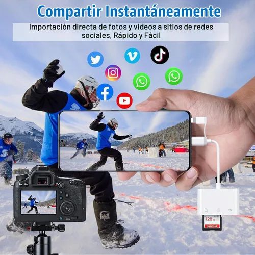 Vista 4 de Lector de tarjetas SD para iPhone iPad, adaptador de tarjeta SD de doble puerto Lightning USB-C integrado con SD MicroSD USB 3 ranuras para cámara