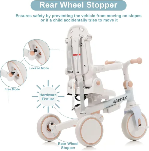 Vista 4 de Triciclo de bebé 7 en 1, triciclo plegable para niños, pedal extraíble para edades de 1 a 6 años, color azul 7 en 1