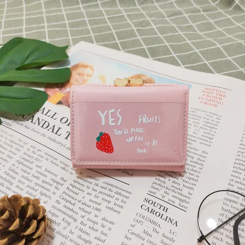 Vista 3 de Monedero con estampado de frutas para mujer, monedero de tres pliegues con múltiples tarjetas, Rosado