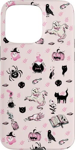 Vista 28 de iPhone 16 Vintage Halloween Case Pumpkins Ghosts Witch Skulls Pink Case