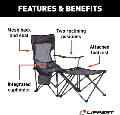 Vista 3 de Lippert Sun Soaker - Silla de camping reclinable de dos posiciones con reposapiés, tela de poliéster 600D, respaldo y asiento de malla