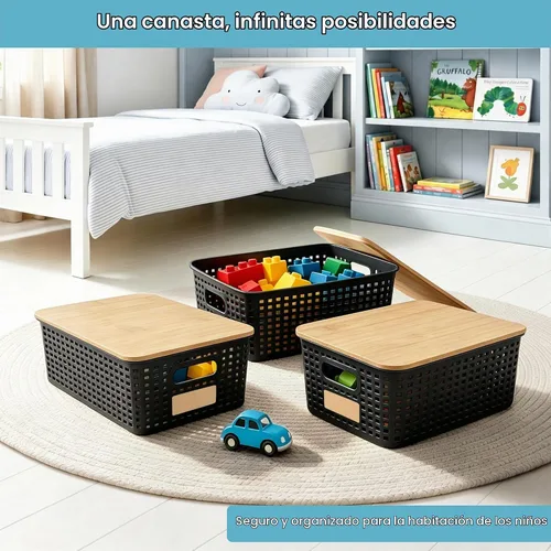 Vista 4 de Contenedores pequeños de plástico con tapas de bambú de 5.2 cuartos de galón, cesta apilable para despensa, contenedores decorativos lindos