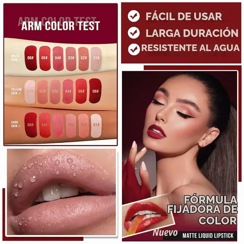 Vista 3 de Juego de lápices labiales líquidos mate de 6 colores, brillo labial suave de terciopelo, impermeable, hidratante, de larga duración, altamente