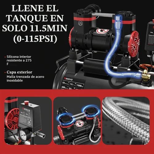 Vista 2 de Compresor de aire ultra silencioso de 8 galones, 1.5HP 4.52 CFM, tanque de compresor de aire sin aceite máximo de 115 PSI para reparación