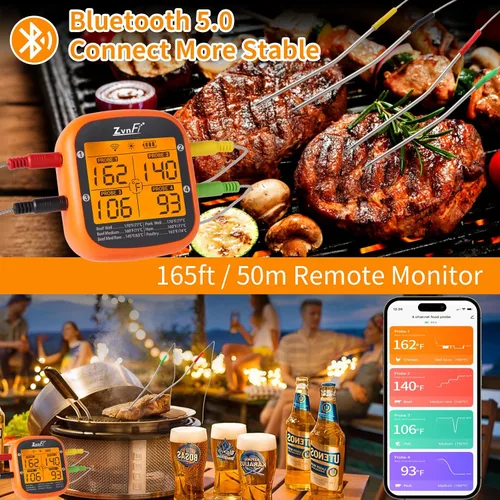 Vista 3 de Termómetro digital inalámbrico de lectura instantánea para alimentos y carne, con pantalla LCD y 4 sondas de acero inoxidable, termómetro