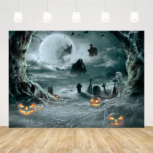 Vista 4 de AIBIIN Telón de fondo de fotos de Halloween de 7 x 5 pies, luna, noche, bruja negra, telón de fondo de Halloween para fotografía de otoño, linterna
