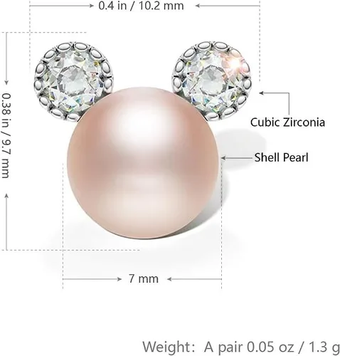 Vista 6 de Minnie Pearl Stud Earrings for Women, 7 mm CZ Cute Mouse Stainless Steel Earrings, Valentines Day Gift for Her