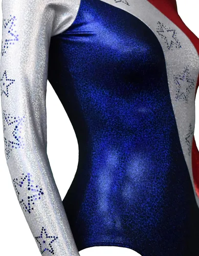 Vista 2 de Look-It Activewear Leotardo de gimnasia de manga larga con brillo rojo, blanco y azul para niñas y mujeres