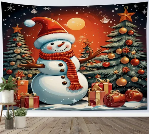 Vista 9 de HVEST Tapiz navideño de muñeco de nieve para colgar en la pared, divertido muñeco de nieve con sombrero rojo de Navidad y tapiz de regalo, tapiz