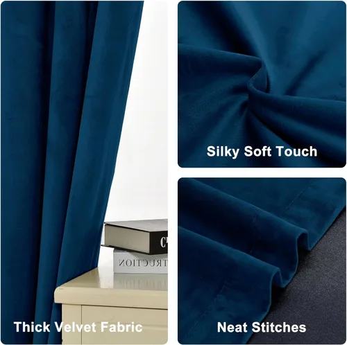 Vista 5 de XWZO Cortinas de terciopelo azul de 63 pulgadas de largo, elegantes cortinas de lujo suaves para sala de estar, aislamiento térmico, oscurecimiento
