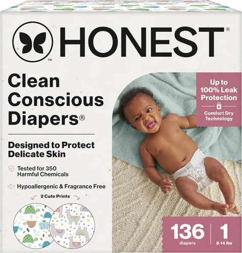 Vista 27 de The Honest Company Comfort Dry Pañales desechables para piel sensible, hasta 100% a prueba de fugas, hipoalergénicos, sin fragancia, Turtle Time